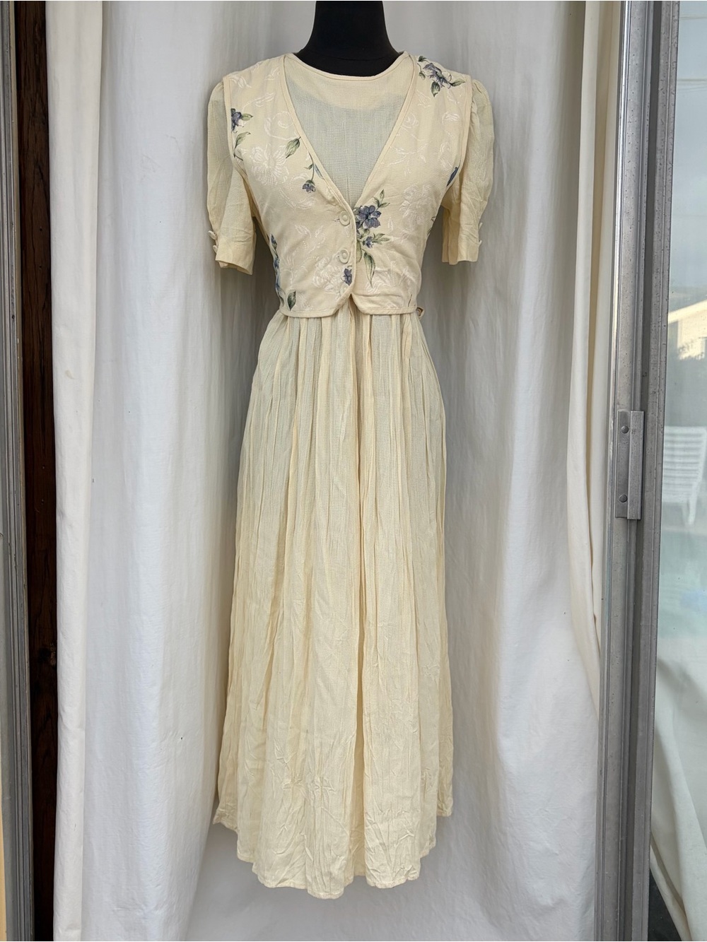 Vintage 90s J.B.S. Pale Yellow Maxi Dress w/ Floral Vest, Cottagecore Back Tie